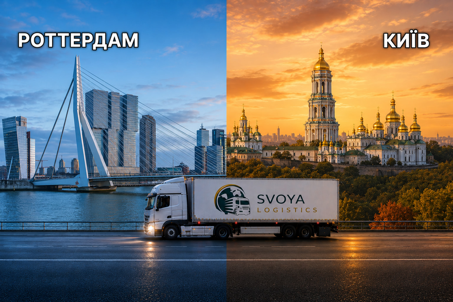 Діптих маршруту: міст Еразма в Роттердамі зліва й золоті бані Лаври в Києві справа