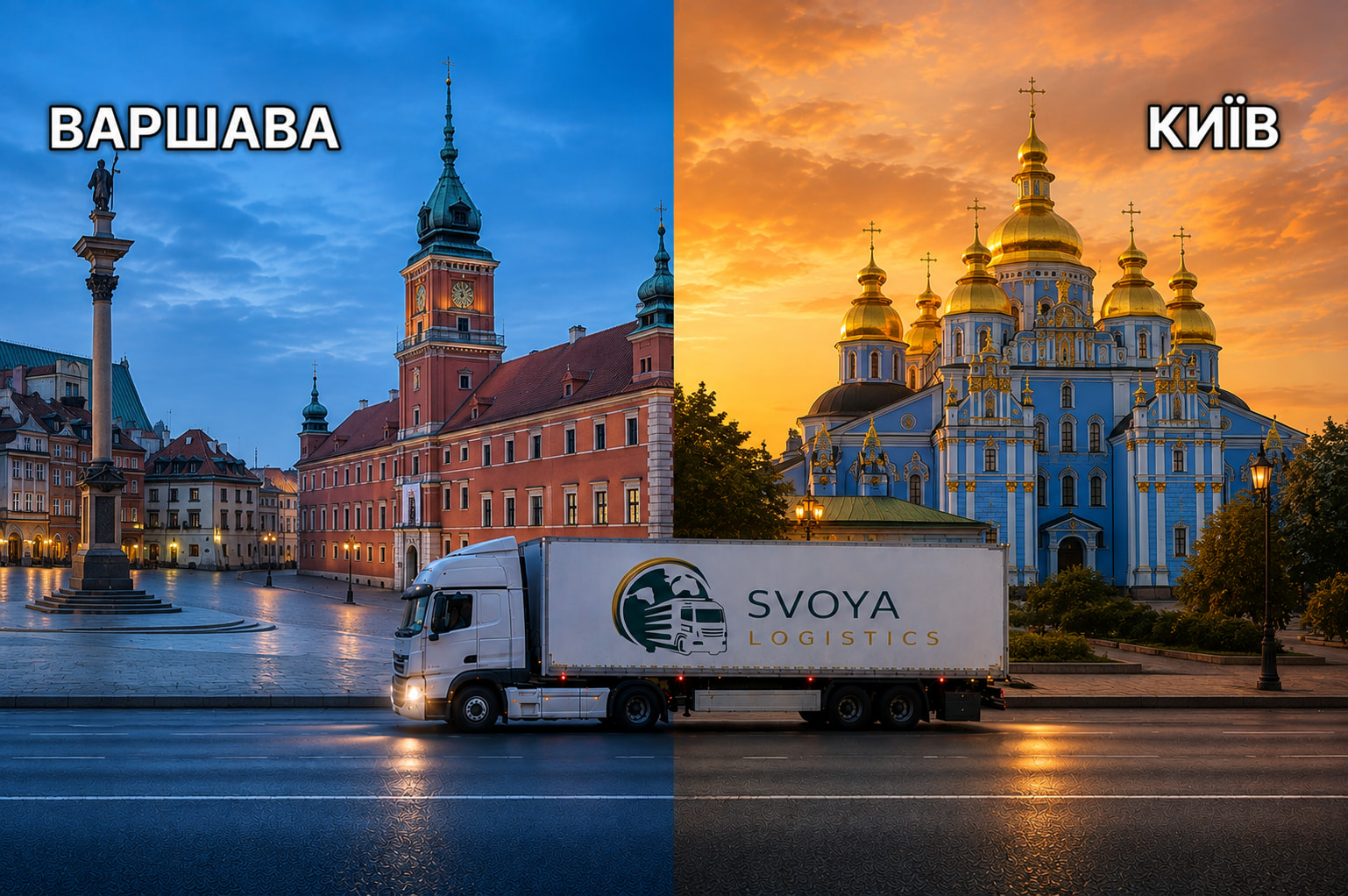 Діптих маршруту: Королівський замок на Замковій площі у Варшаві зліва й Михайлівський золотоверхий у Києві справа